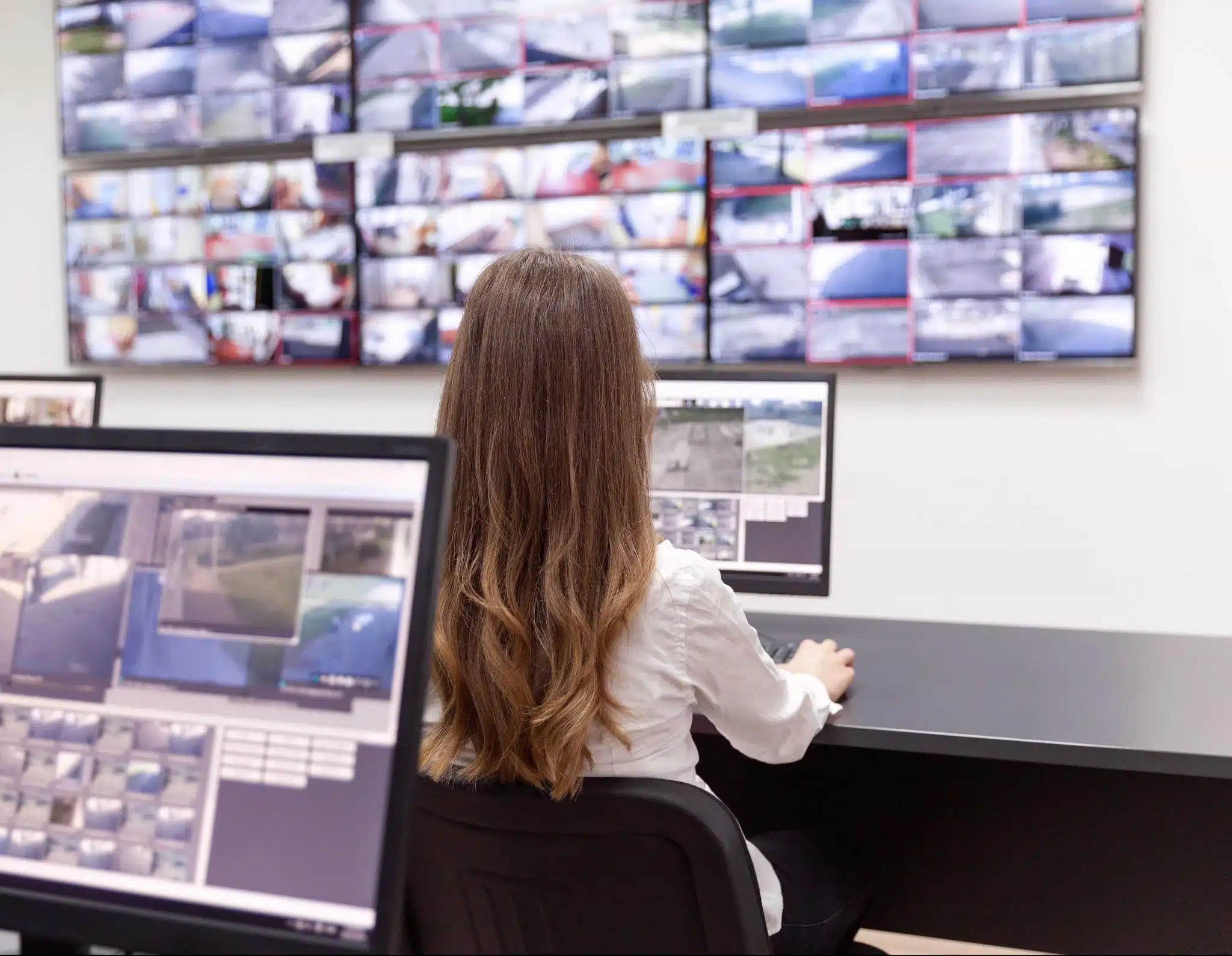 A woman sitting in front of a monitor and a bank of monitors on wall