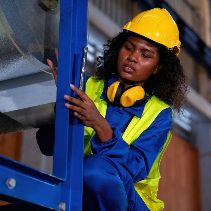A female engineer in high vis and yellow hardhat holding on to some metal framing