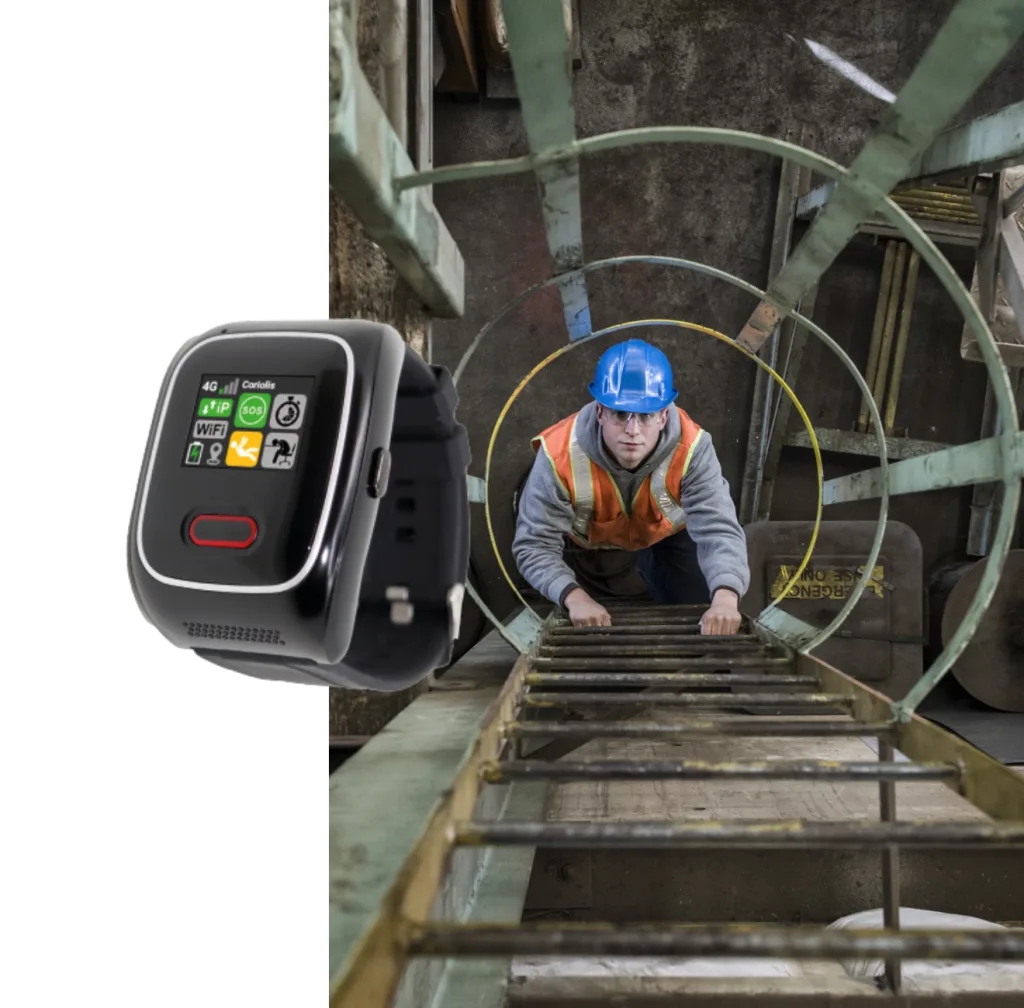 a male engineer scaling a ladder wearing a hard hat and high vis